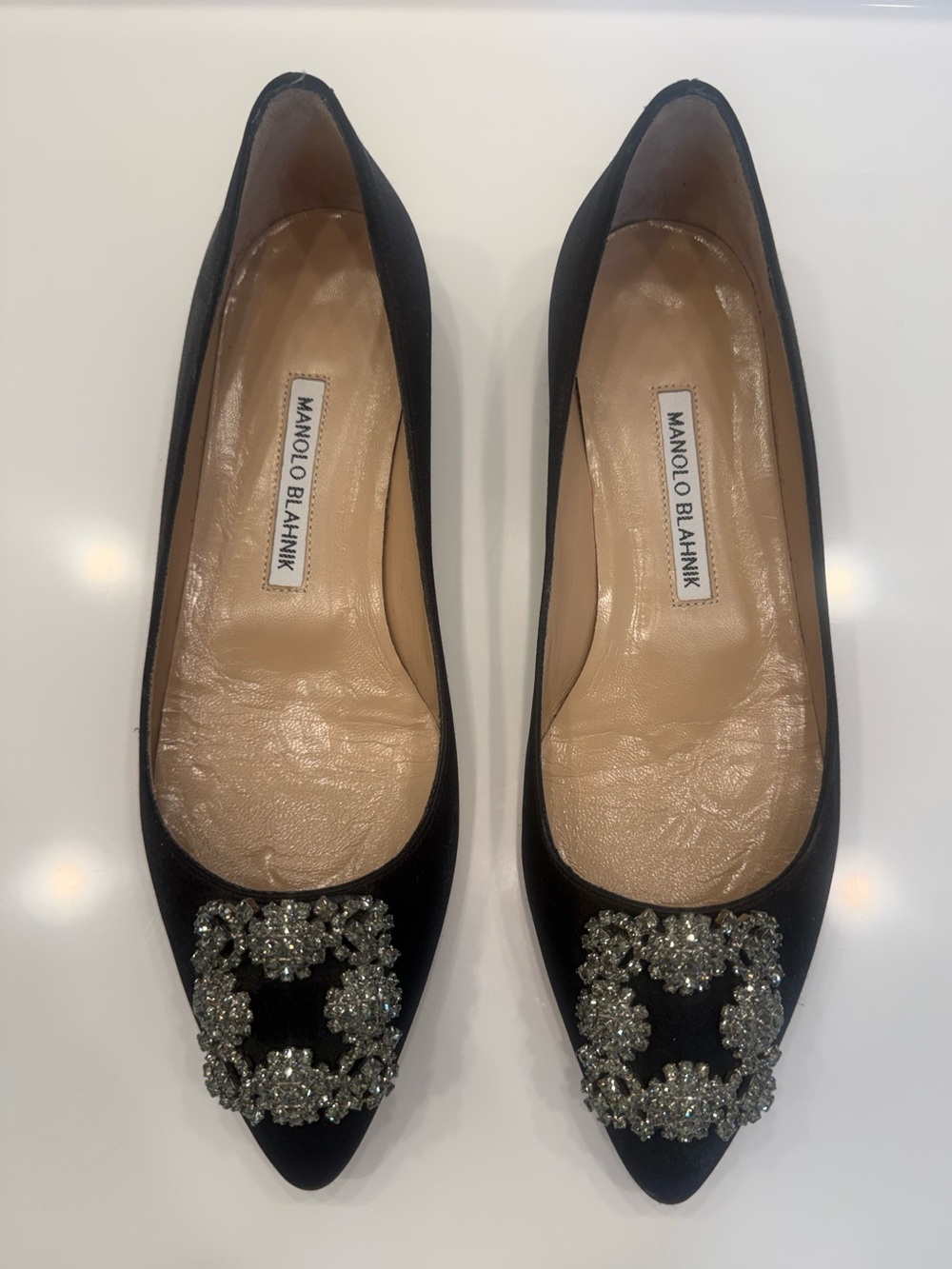 Manolo Blahnik Hangisi Jewel Buckle Flat Black Satin Women's 38.5